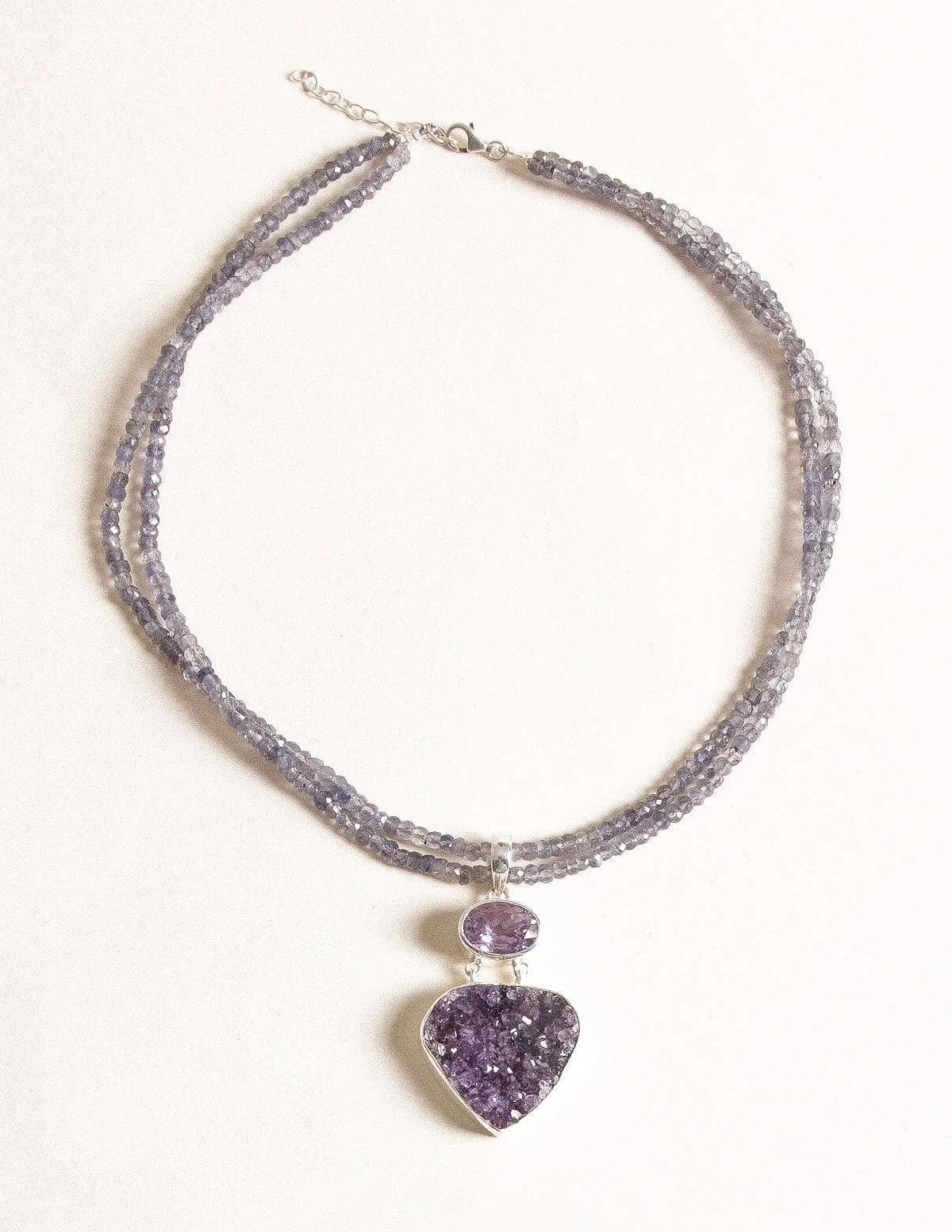 Amethyst Druzy Pendant on Beaded Iolite Necklace - One of a Kind