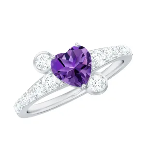 Amethyst Heart Engagement Ring with Diamond Side Stones