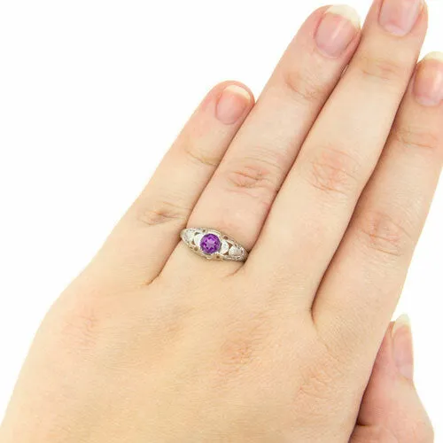 AMETHYST STERLING SILVER VINTAGE STYLE SOLITAIRE RING FLORAL PROMISE PURPLE