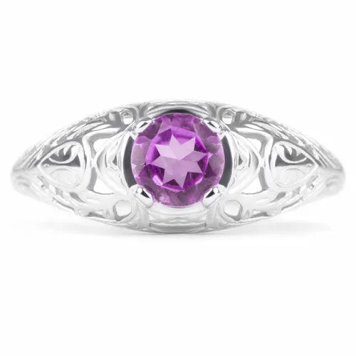 AMETHYST STERLING SILVER VINTAGE STYLE SOLITAIRE RING FLORAL PROMISE PURPLE