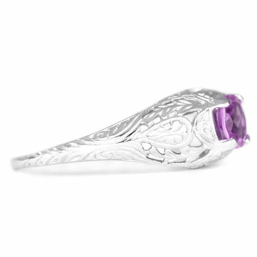 AMETHYST STERLING SILVER VINTAGE STYLE SOLITAIRE RING FLORAL PROMISE PURPLE