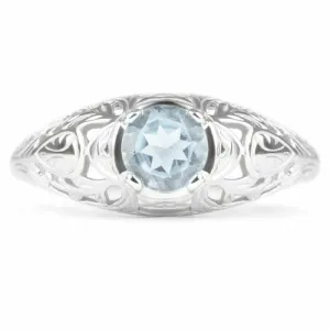 AQUAMARINE STERLING SILVER VINTAGE STYLE SOLITAIRE RING FLORAL PROMISE BLUE