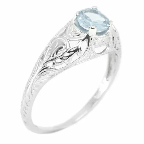 AQUAMARINE STERLING SILVER VINTAGE STYLE SOLITAIRE RING FLORAL PROMISE BLUE