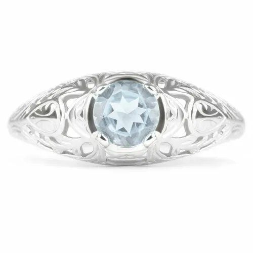 AQUAMARINE STERLING SILVER VINTAGE STYLE SOLITAIRE RING FLORAL PROMISE BLUE