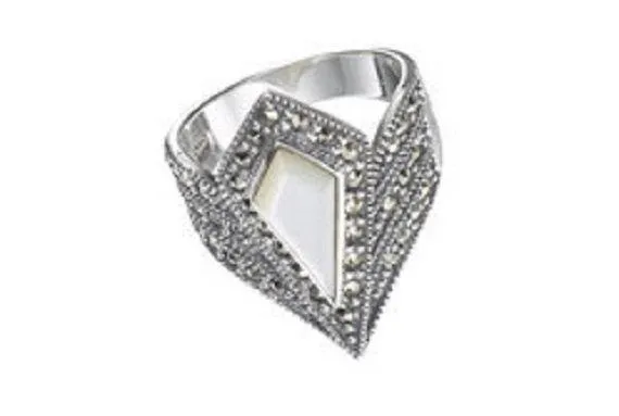 Art Deco Mother of Pearl silver Marcasite  spear ring