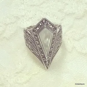 Art Deco Mother of Pearl silver Marcasite  spear ring