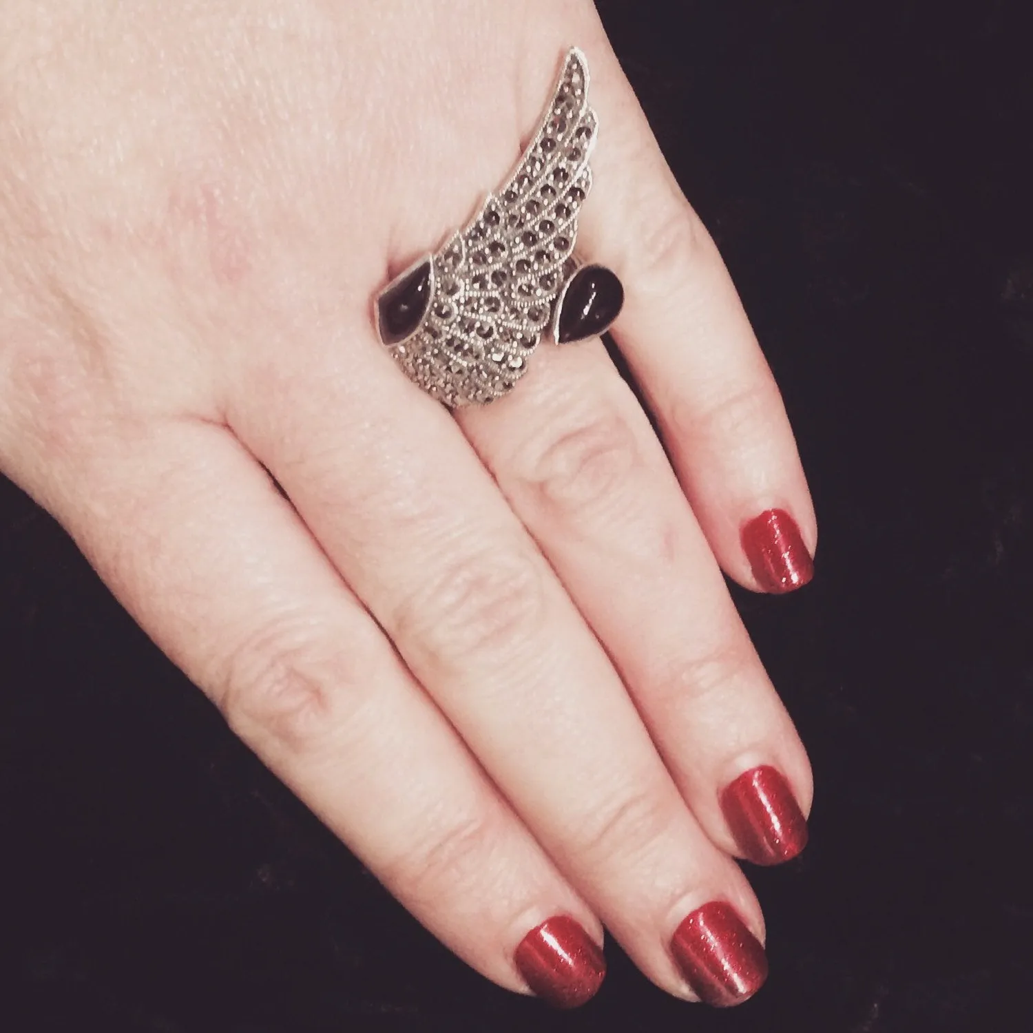 Art Deco Ring Silver Black Marcasite Angel Wing