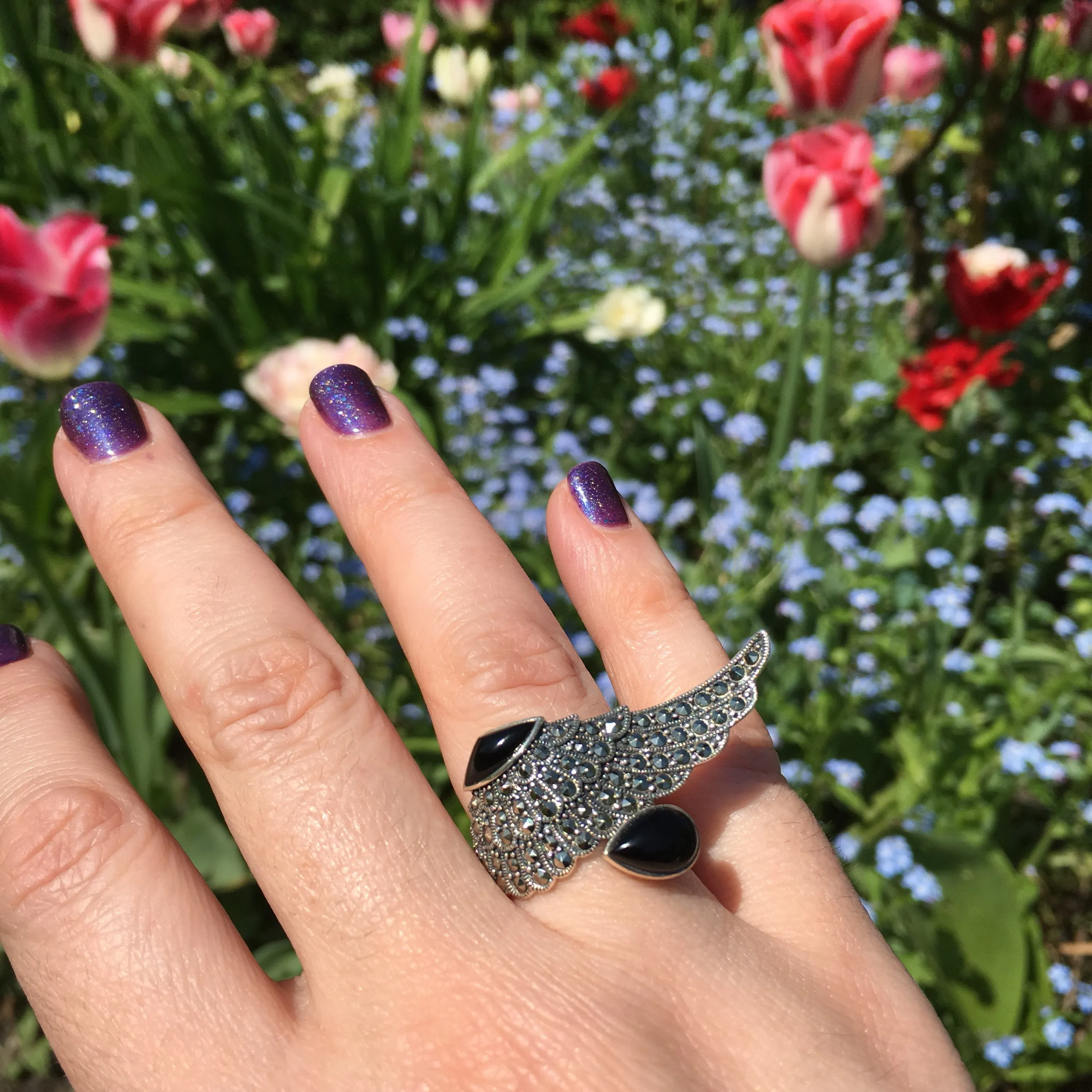 Art Deco Ring Silver Black Marcasite Angel Wing