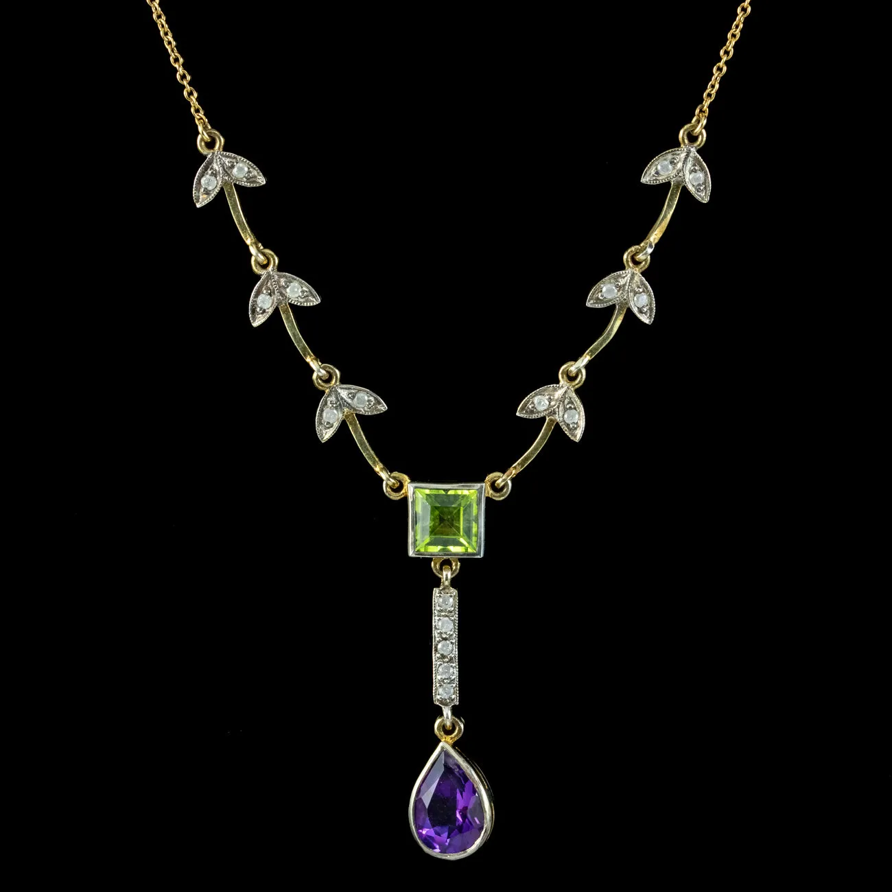 Art Deco Style Suffragette Lavaliere Necklace Peridot Amethyst Diamond