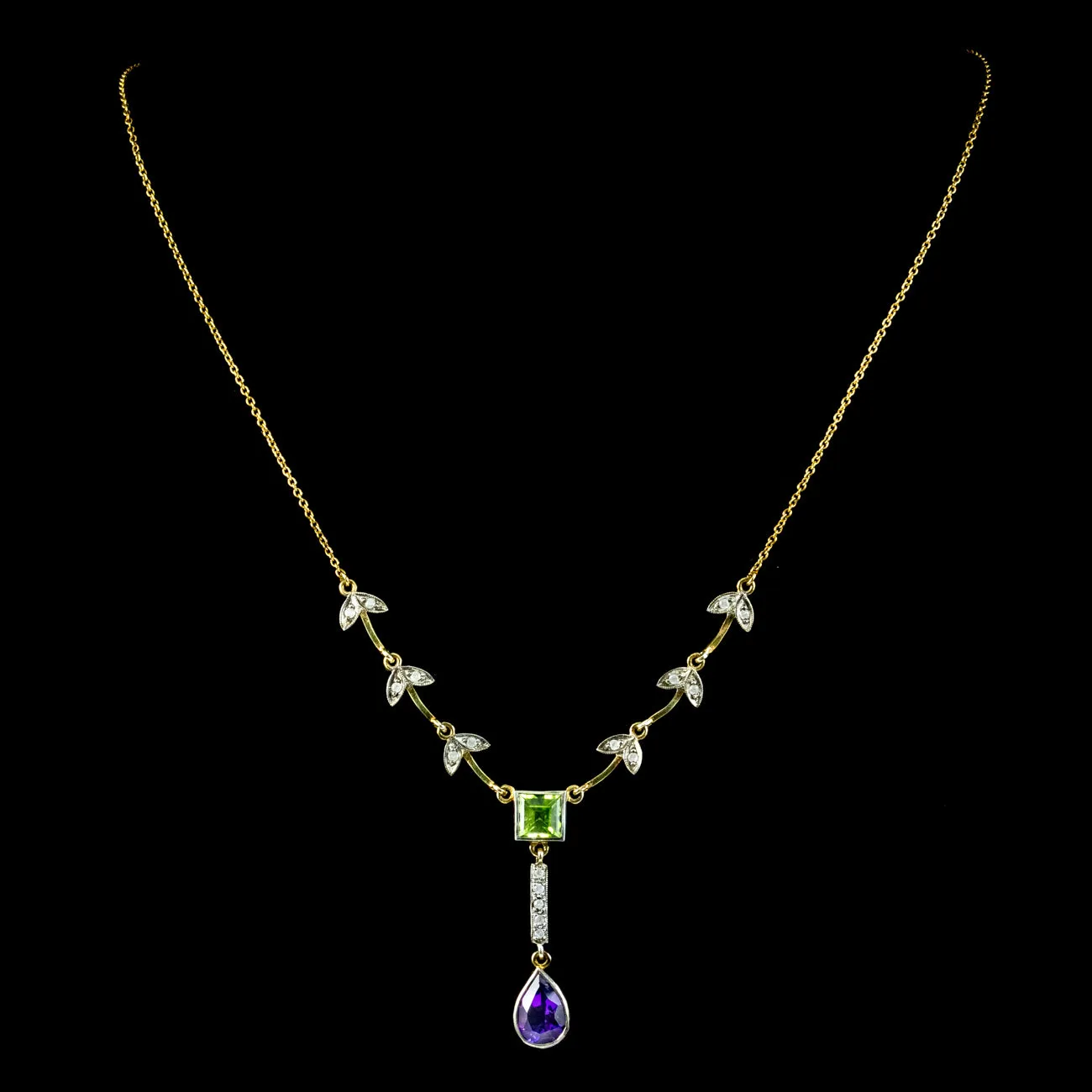 Art Deco Style Suffragette Lavaliere Necklace Peridot Amethyst Diamond