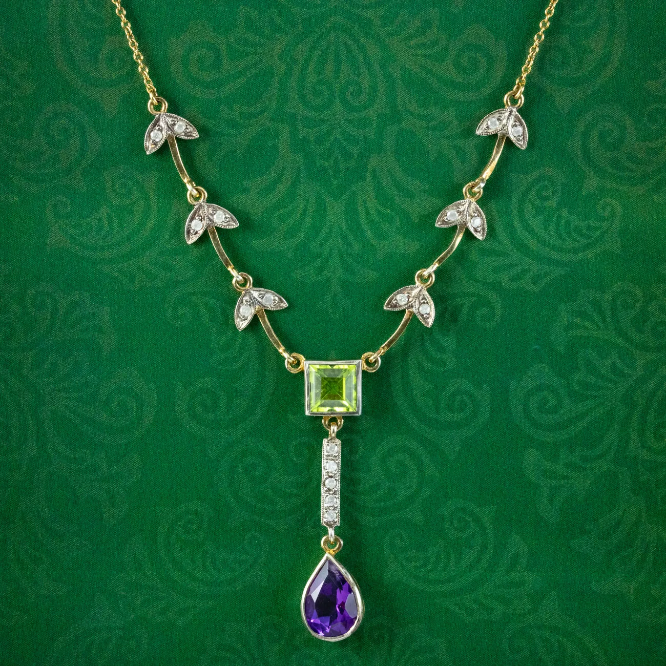 Art Deco Style Suffragette Lavaliere Necklace Peridot Amethyst Diamond