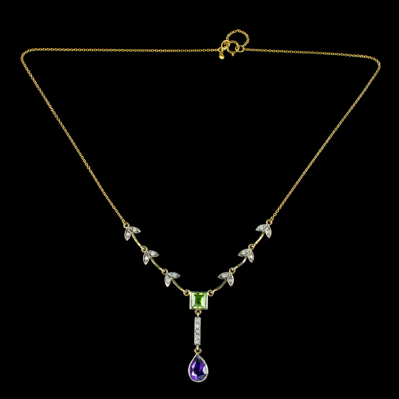 Art Deco Style Suffragette Lavaliere Necklace Peridot Amethyst Diamond