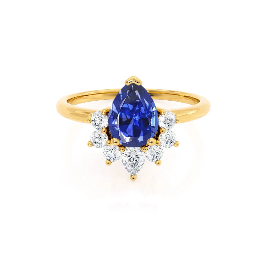 BALLET - Chatham® Pear Blue Sapphire & Diamond Half Halo Tiara Ring 18k Yellow Gold