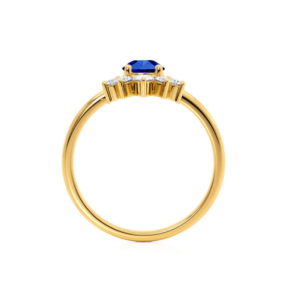 BALLET - Chatham® Pear Blue Sapphire & Diamond Half Halo Tiara Ring 18k Yellow Gold