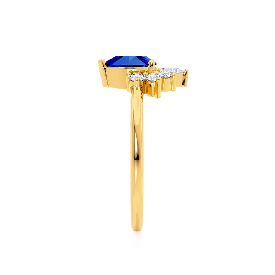 BALLET - Chatham® Pear Blue Sapphire & Diamond Half Halo Tiara Ring 18k Yellow Gold