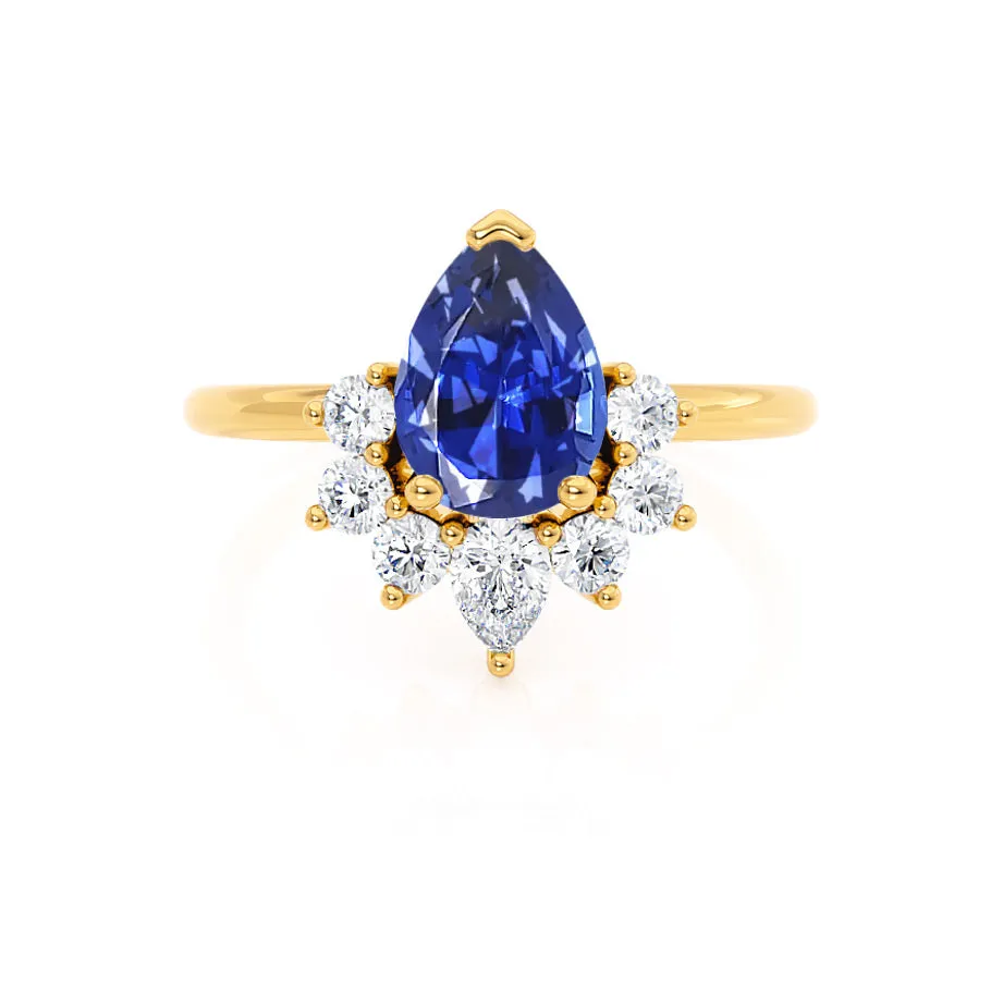 BALLET - Chatham® Pear Blue Sapphire & Diamond Half Halo Tiara Ring 18k Yellow Gold