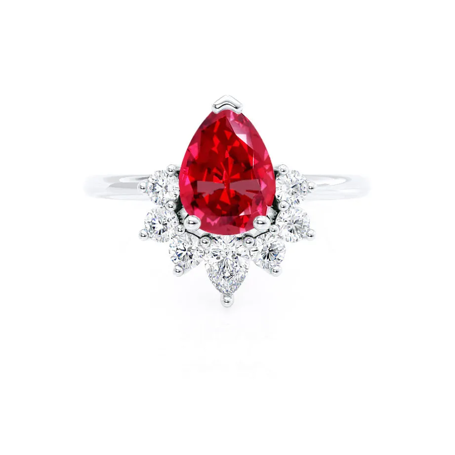 BALLET - Chatham® Pear Ruby & Diamond Half Halo Tiara Ring 18k White Gold