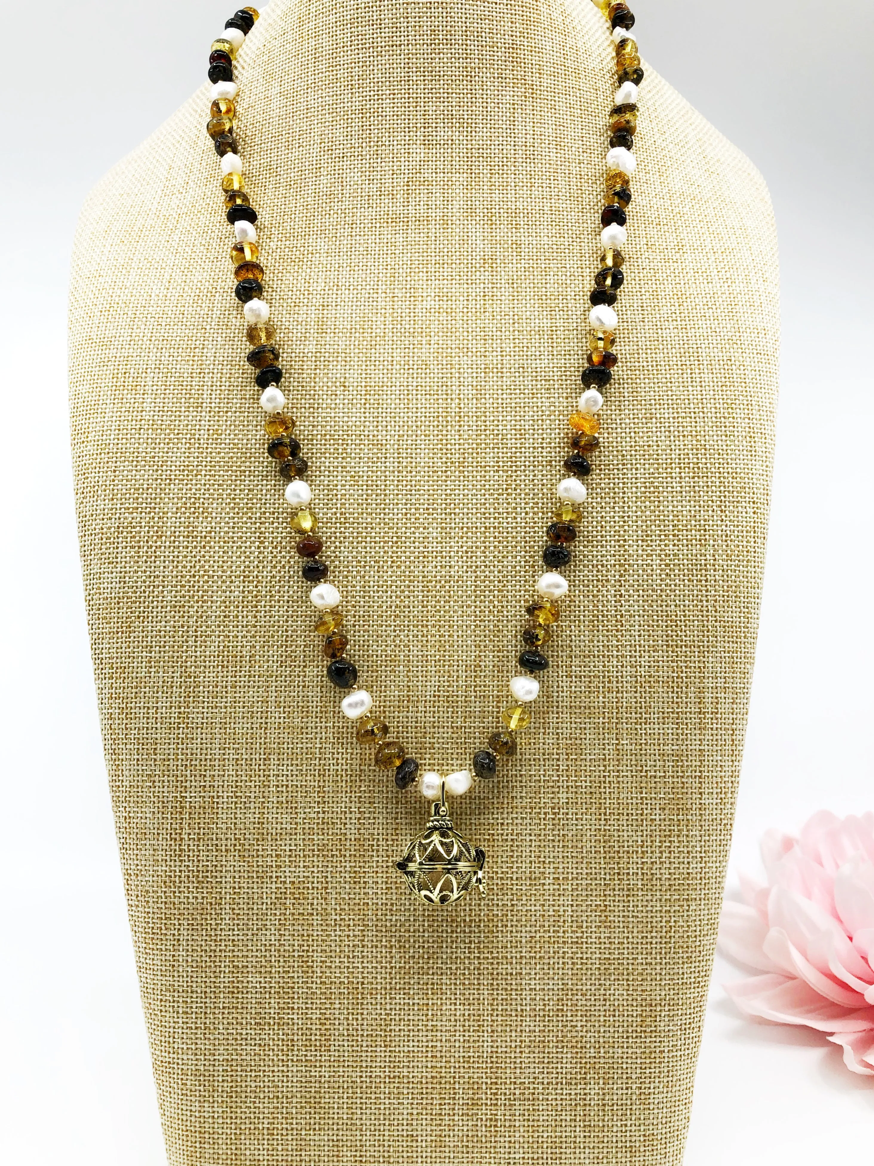 Beaded Forest Fairy Locket Amber Necklace