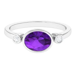 Bezel Set Oval Amethyst Solitaire East West Ring with Diamond