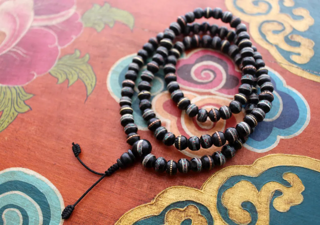 Black Bone Turquoise & Coral Inlaid 108 Beads Prayer Mala