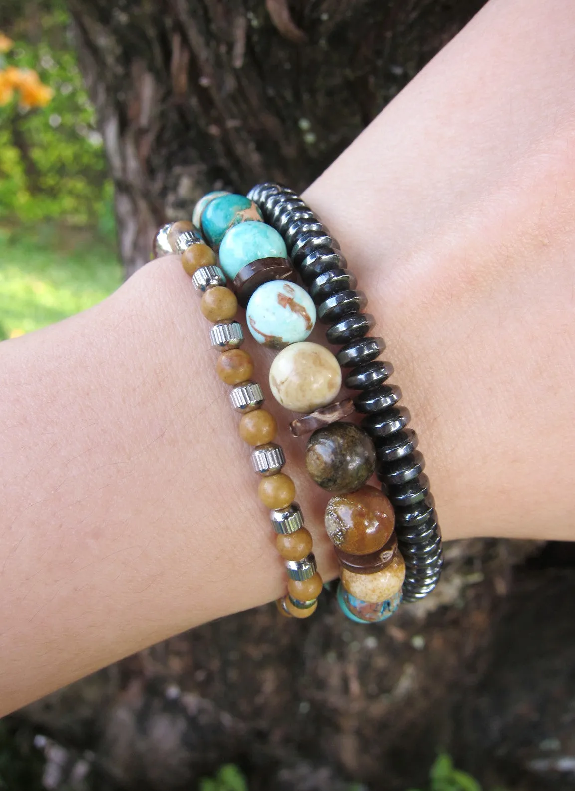 Bohemia Peruvian Mala Bracelet in Aqua Jasper, African Opal, Bronzite, Green Peru Turquoise