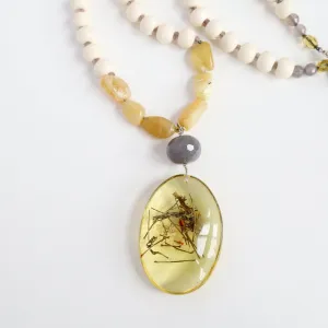 Bone & Yellow Jade Necklace with Amber Pendant Necklace