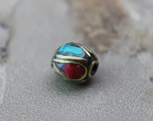 Brass Coral and Turquoise Tibetan Bead 9mm