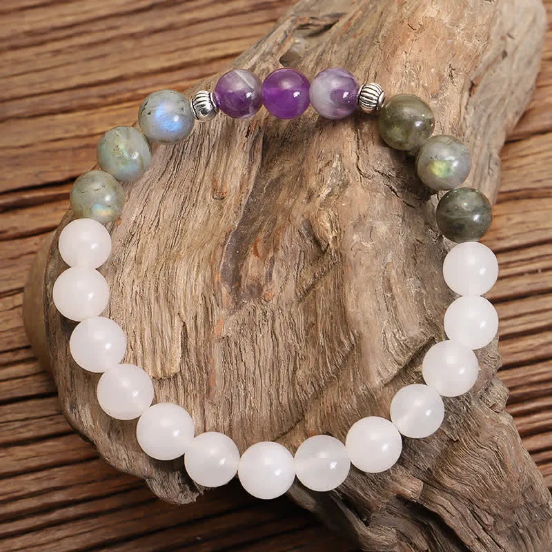 Buddha Stones 108 Mala Beads White Agate Amethyst Black Glitter Stone Protection Bracelet