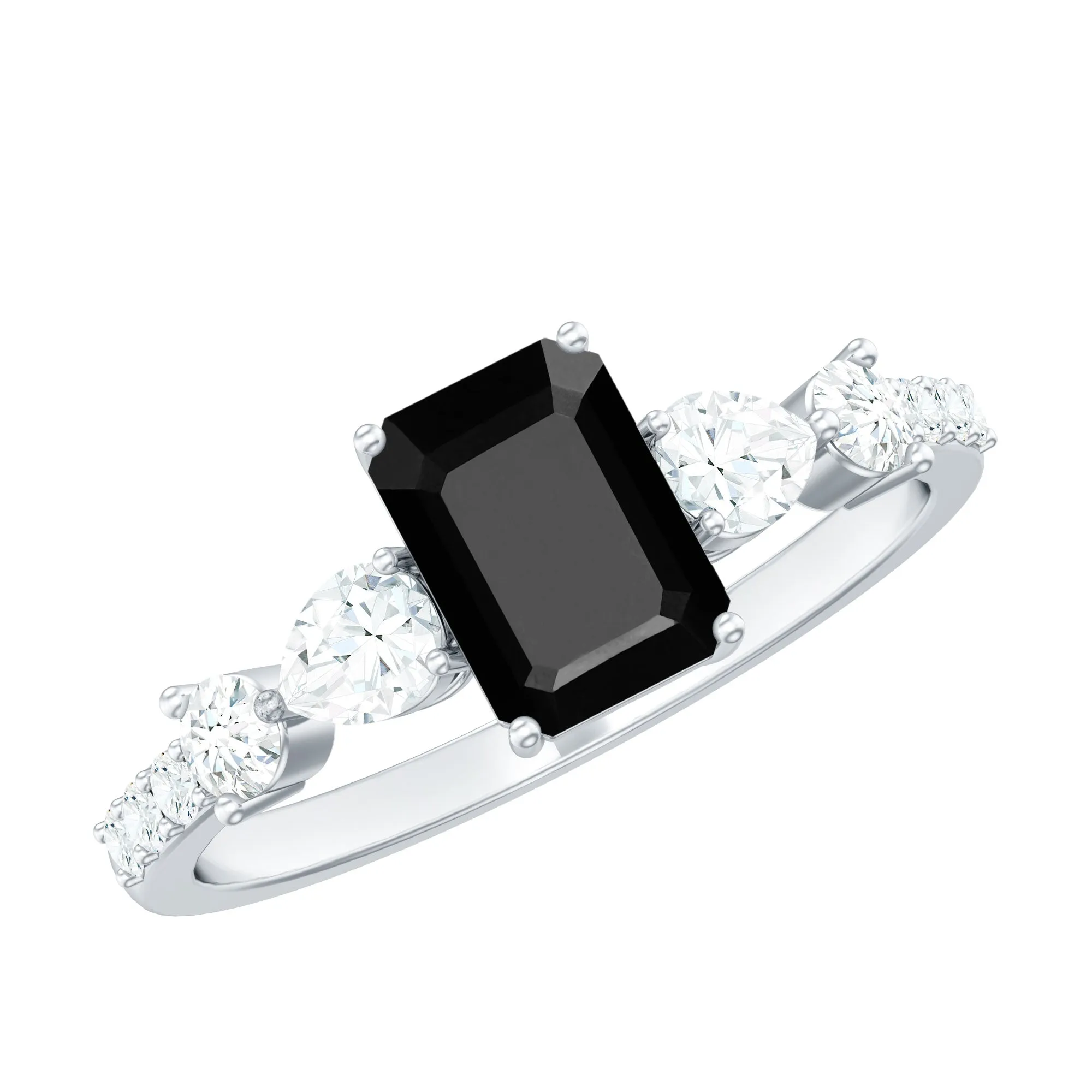 Classic Created Black Diamond Engagement Ring with Moissanite Side Stones