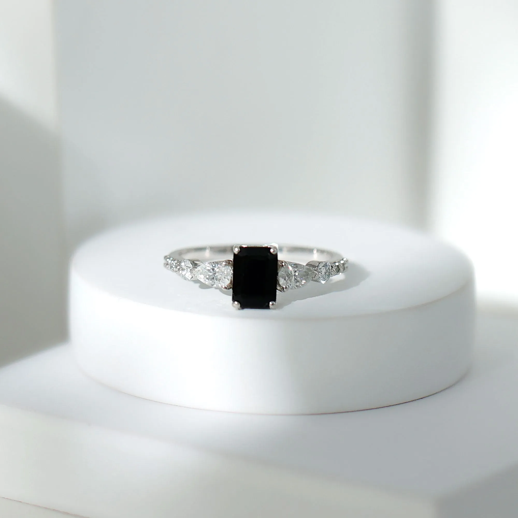 Classic Created Black Diamond Engagement Ring with Moissanite Side Stones