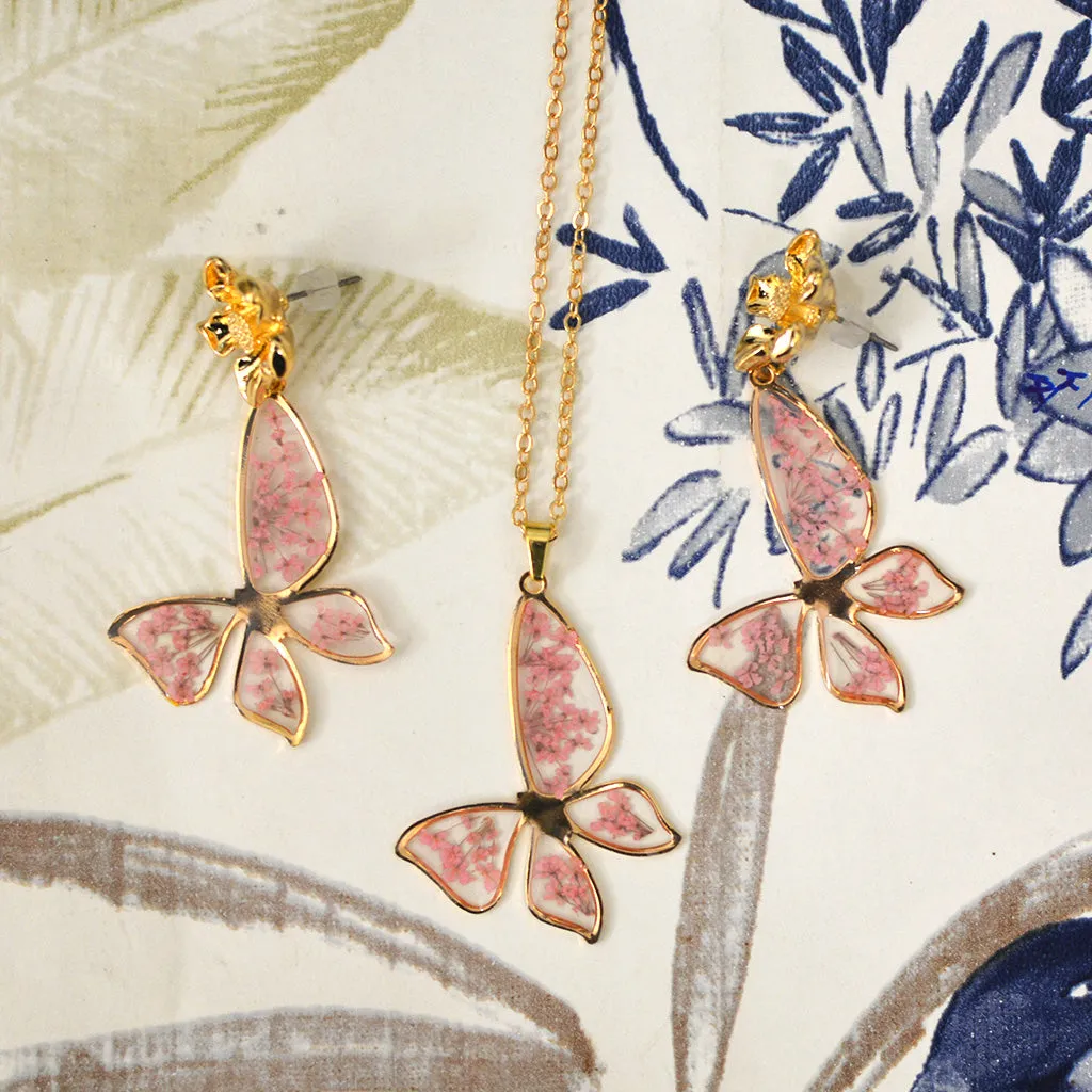 Coral Butterfly Necklace Real Dried Flower Earring Set