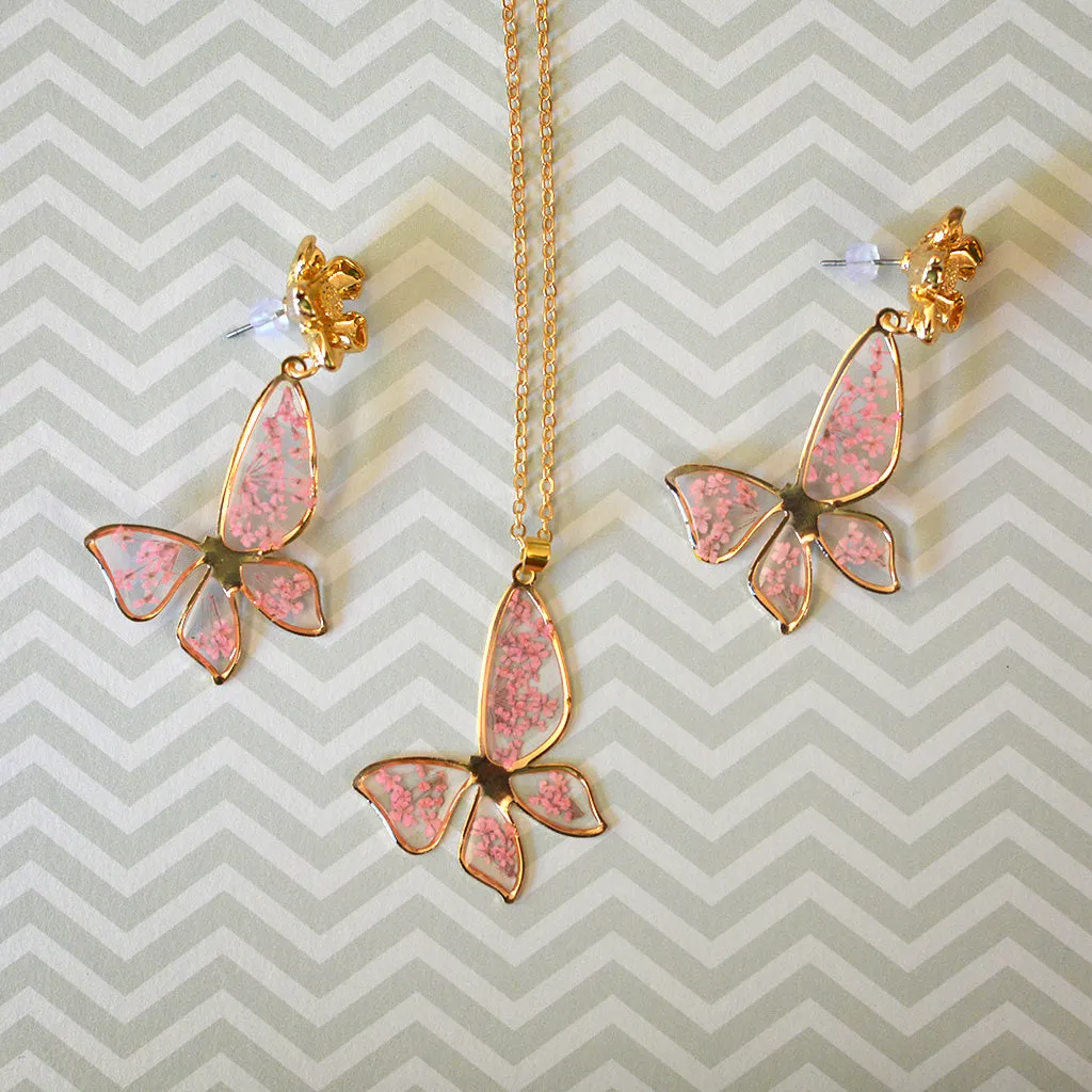 Coral Butterfly Necklace Real Dried Flower Earring Set