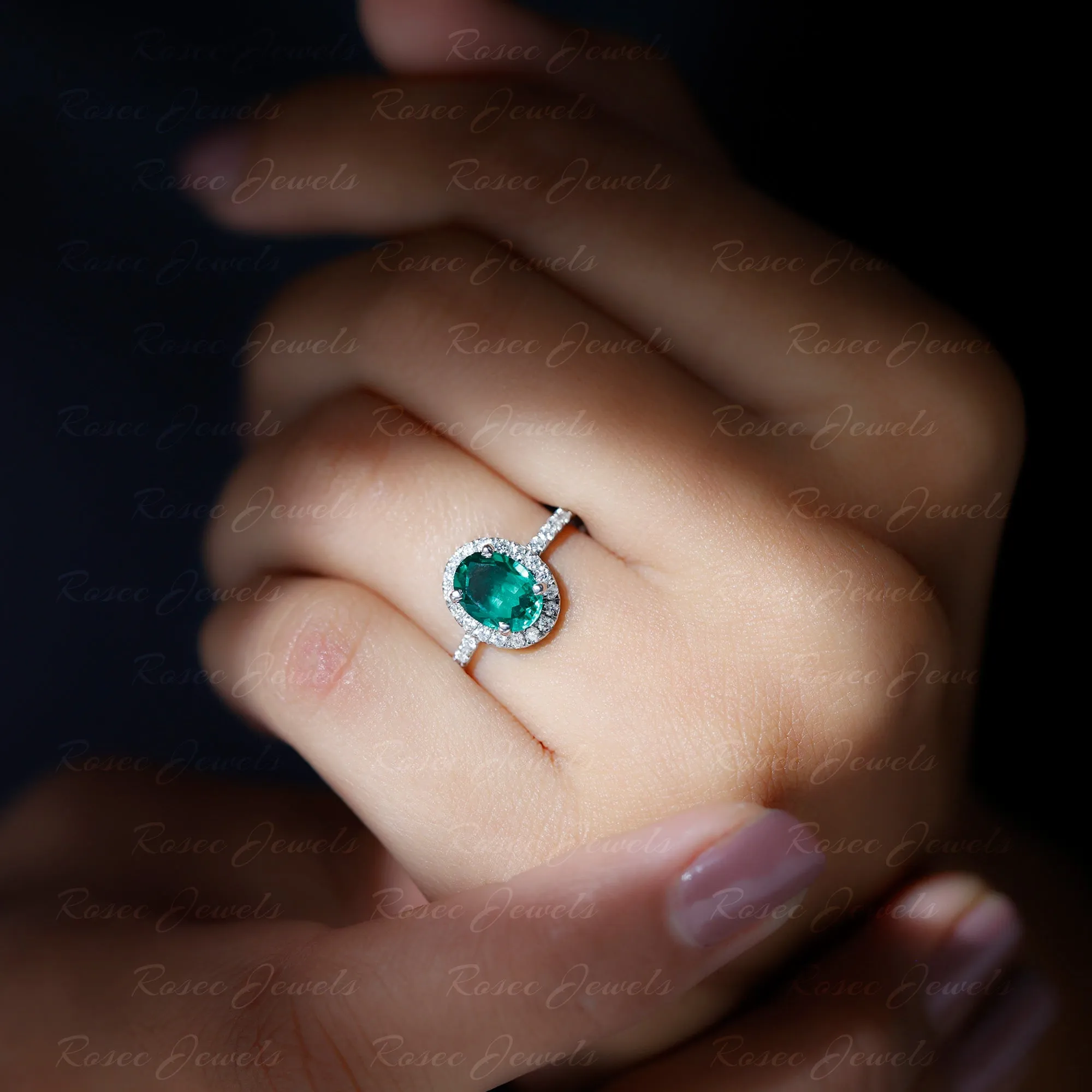 Created Emerald Classic Engagement Ring With Diamond Halo