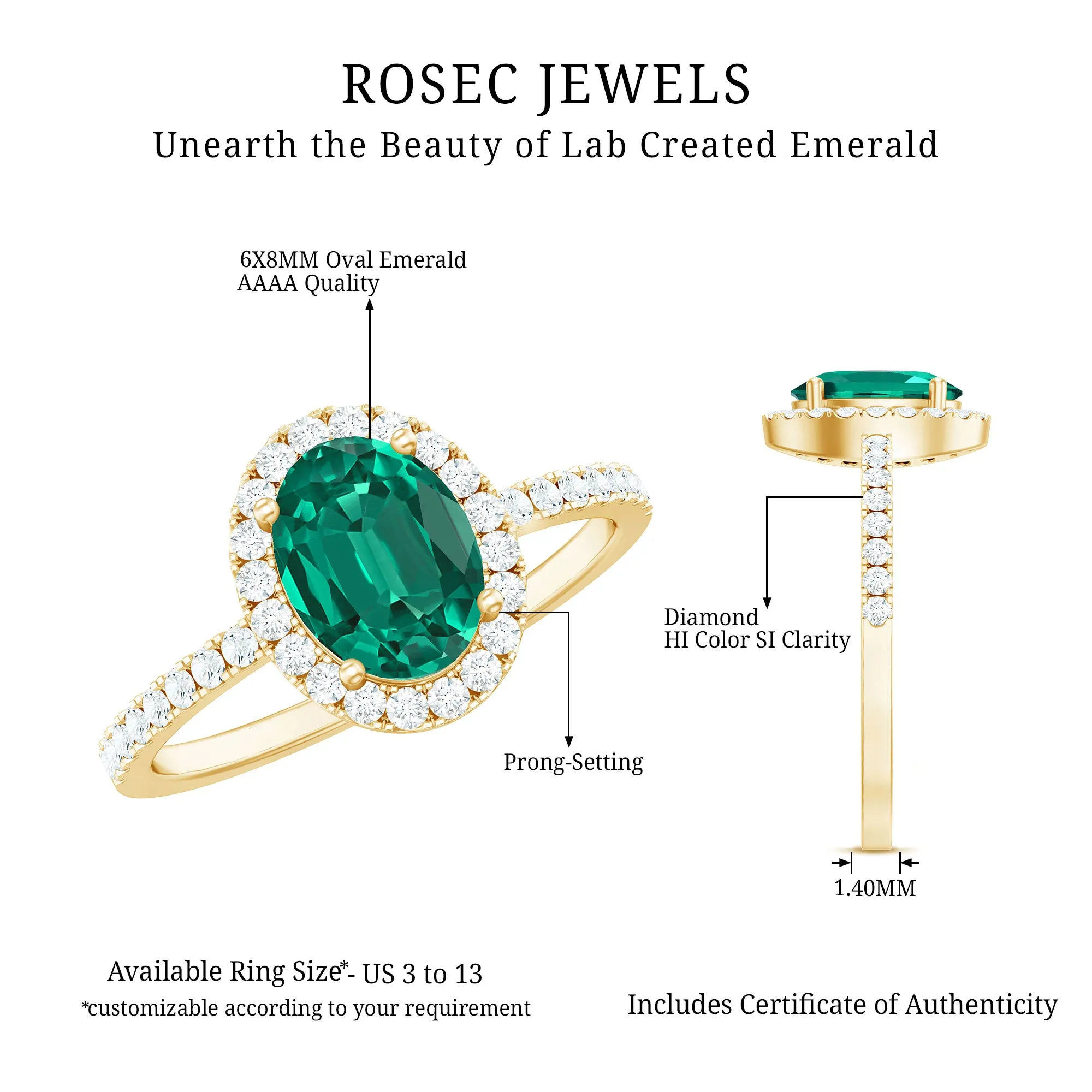 Created Emerald Classic Engagement Ring With Diamond Halo