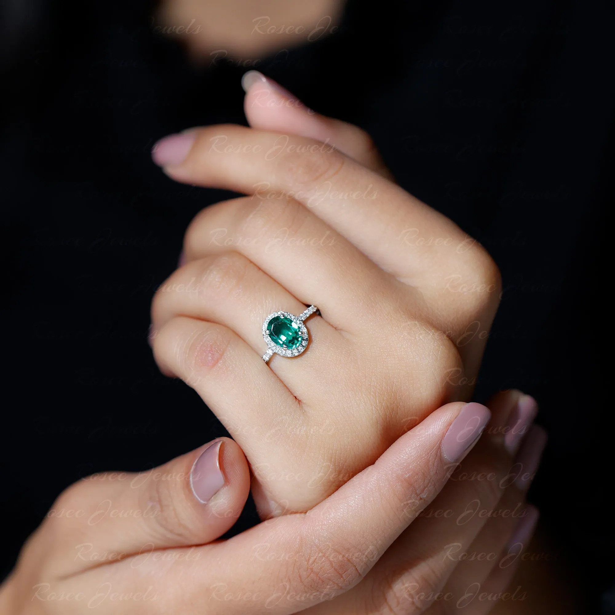 Created Emerald Classic Engagement Ring With Diamond Halo