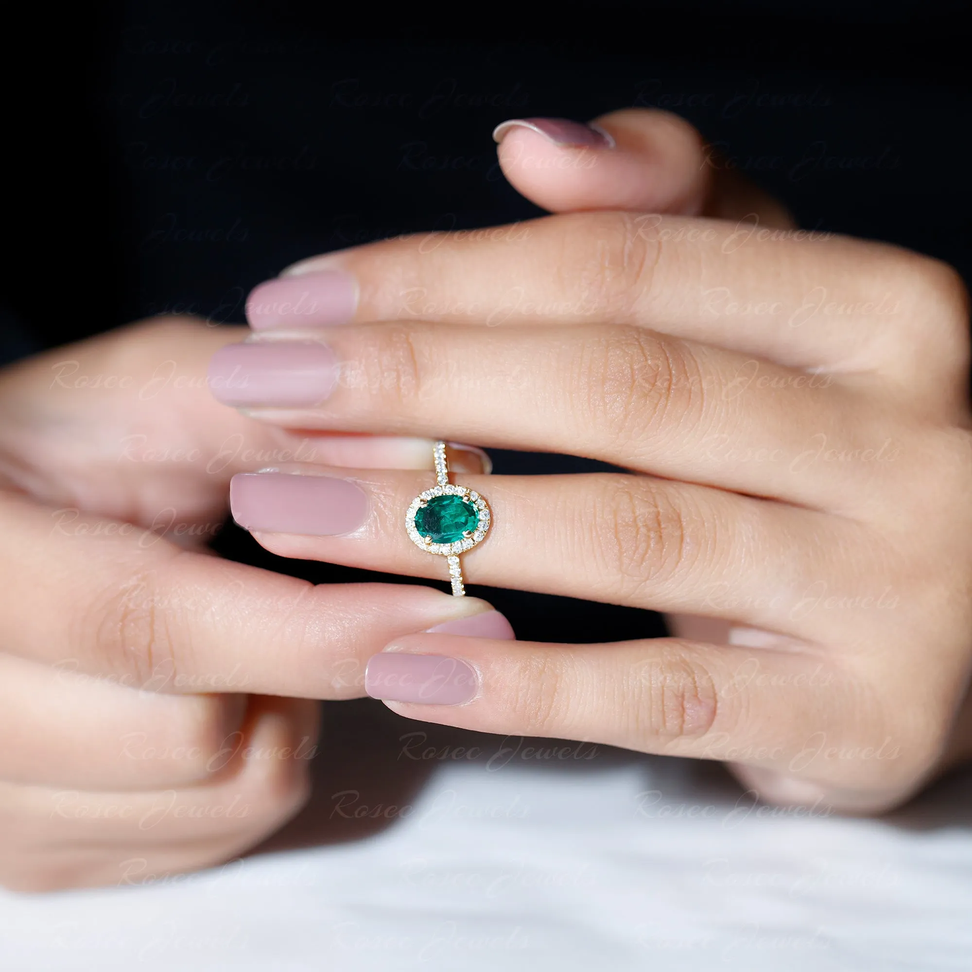 Created Emerald Classic Engagement Ring With Diamond Halo