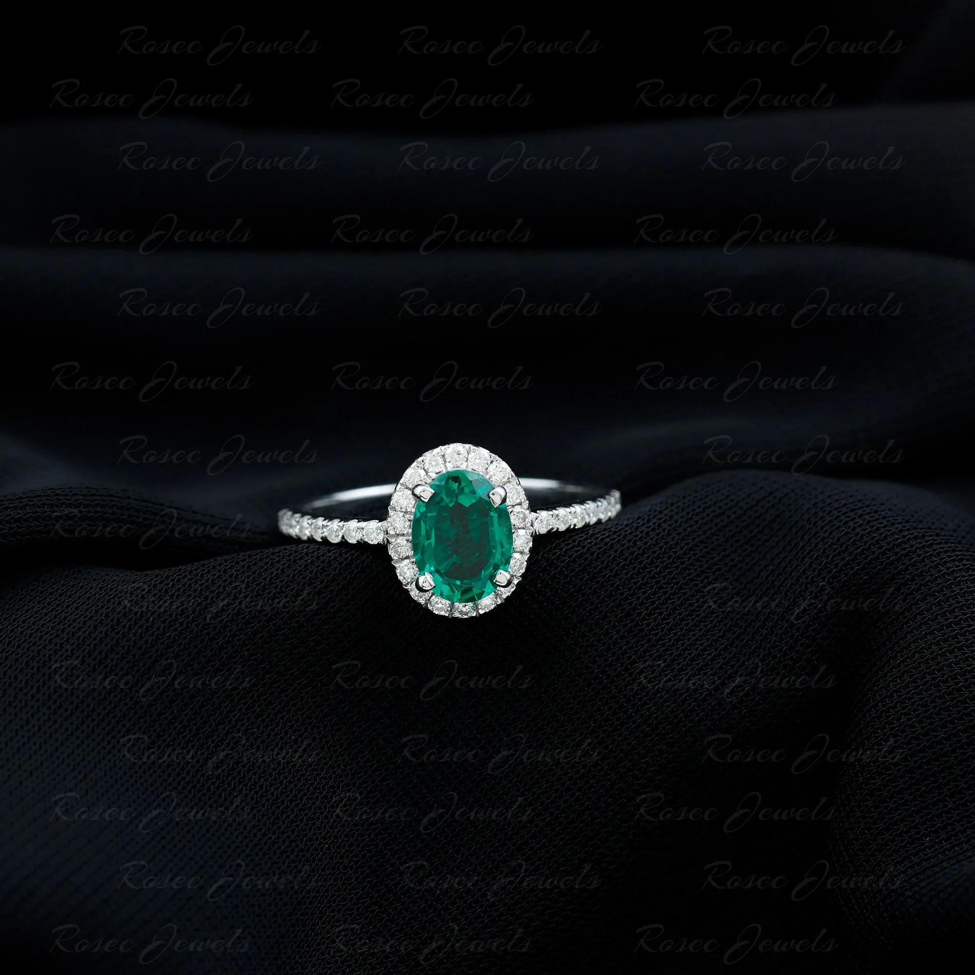 Created Emerald Classic Engagement Ring With Diamond Halo