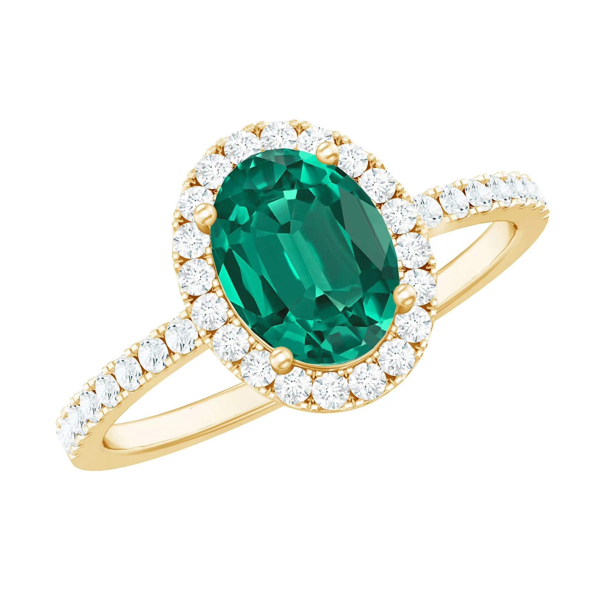 Created Emerald Classic Engagement Ring With Diamond Halo