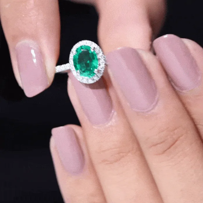 Created Emerald Classic Engagement Ring With Diamond Halo