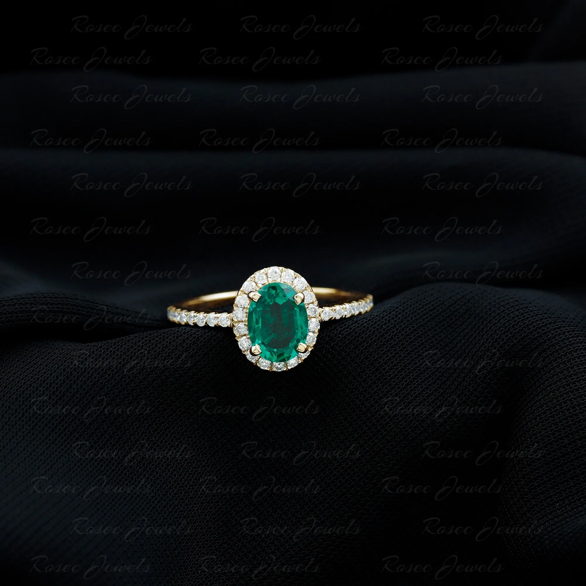 Created Emerald Classic Engagement Ring With Diamond Halo