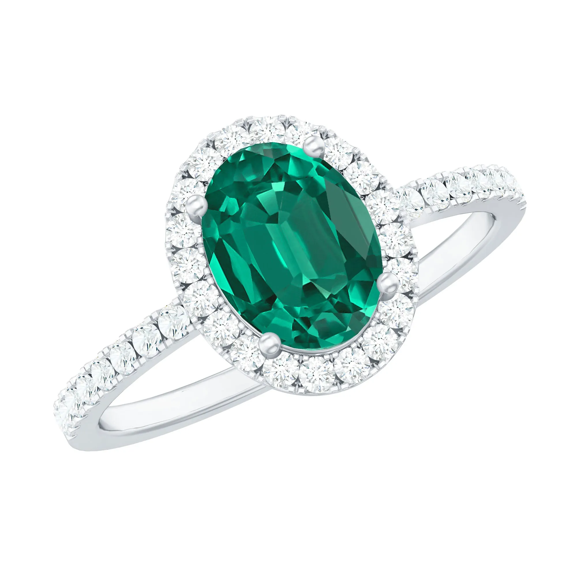 Created Emerald Classic Engagement Ring With Diamond Halo