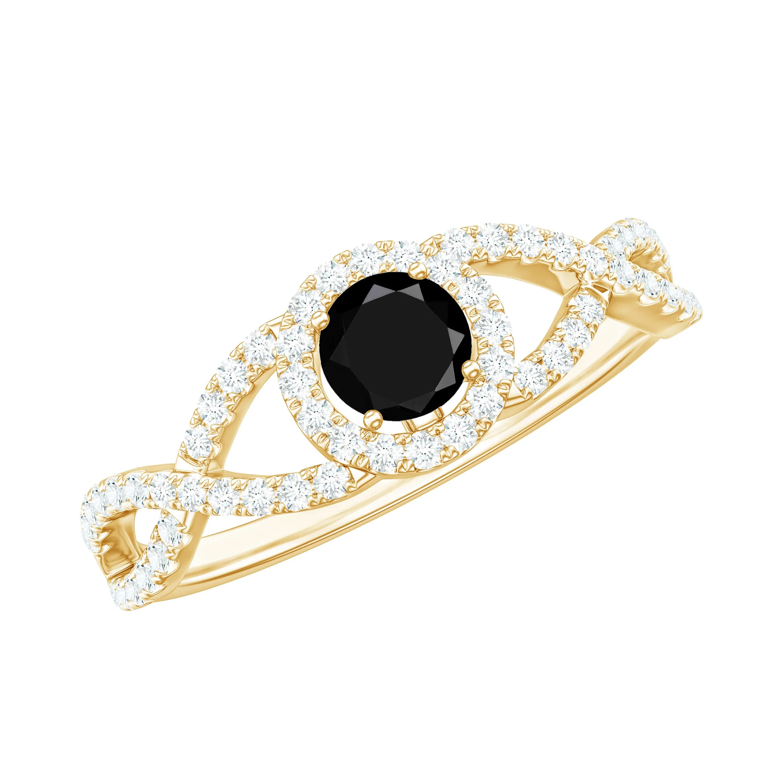 Criss Cross Shank Created Black Diamond and Diamond Halo Engagement Ring