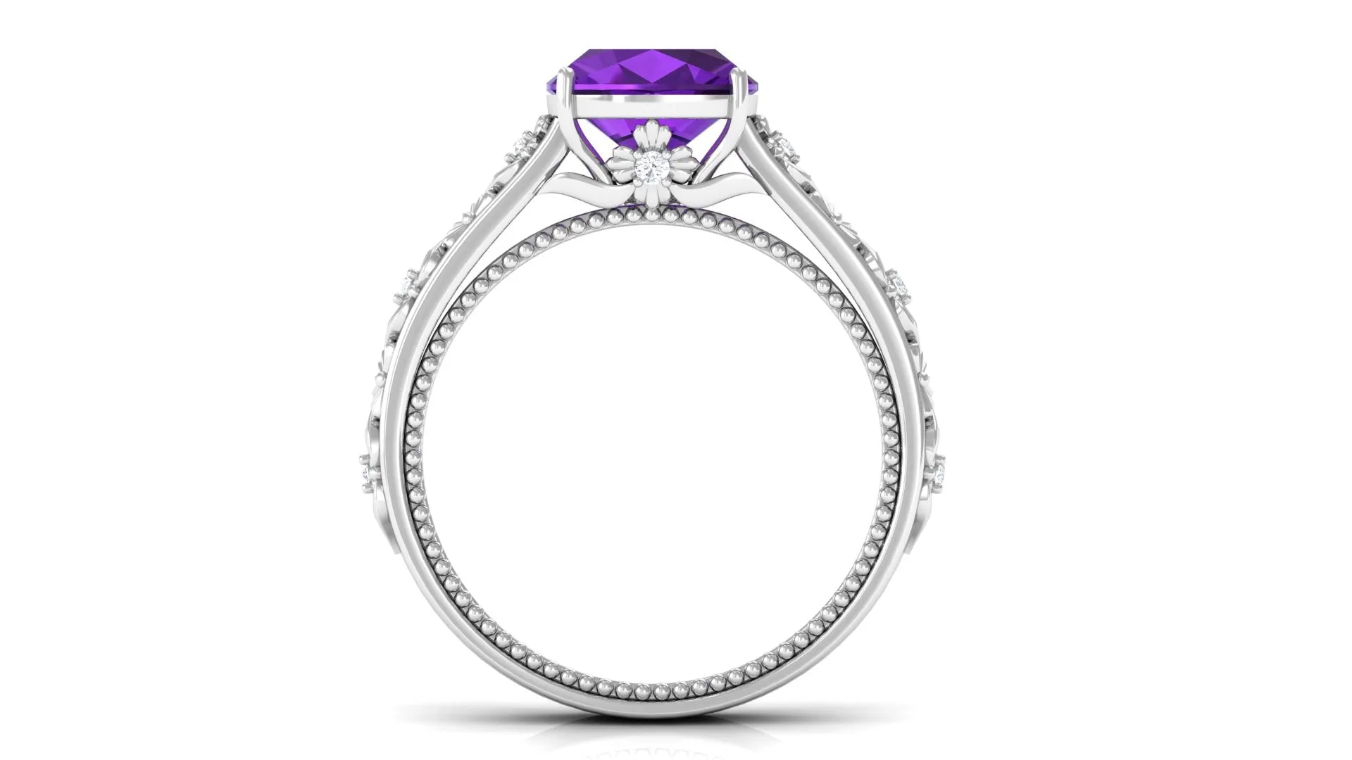 Cushion Cut Solitaire Amethyst Floral Engagement Ring with Diamond