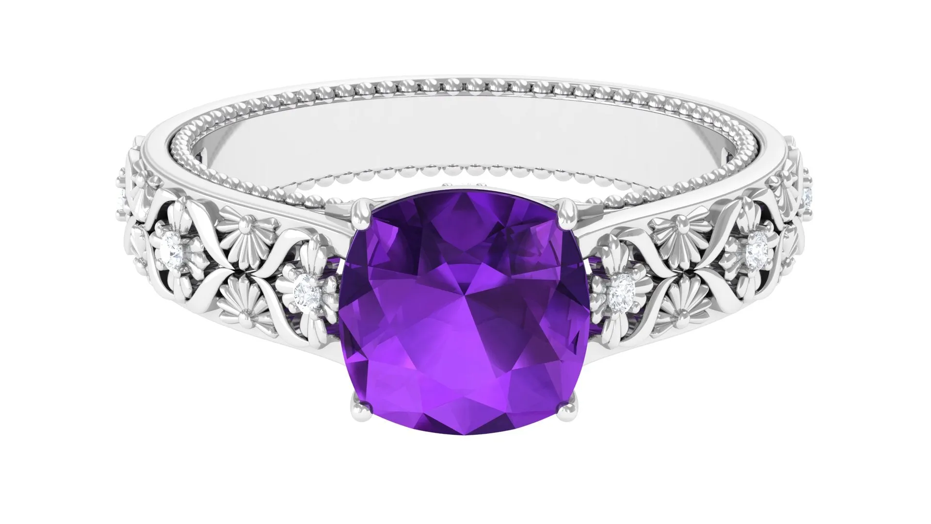 Cushion Cut Solitaire Amethyst Floral Engagement Ring with Diamond