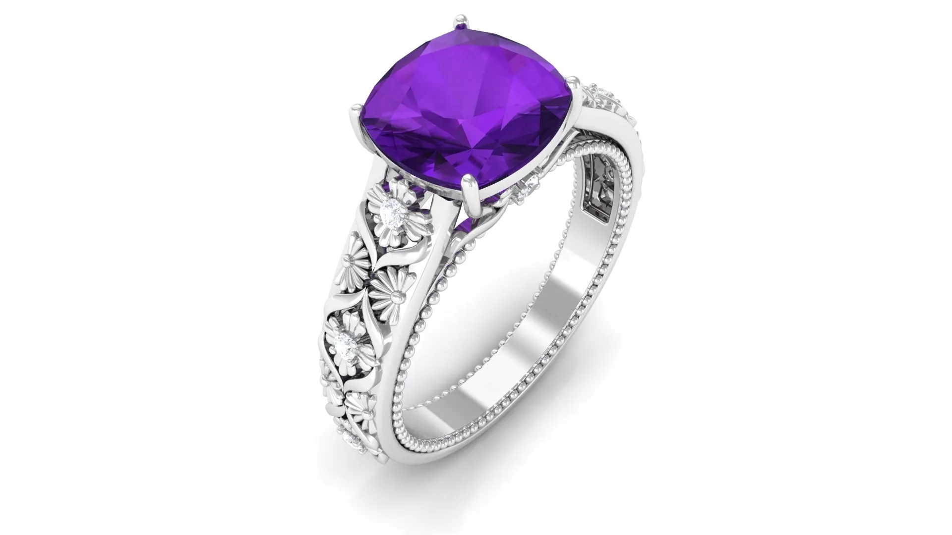 Cushion Cut Solitaire Amethyst Floral Engagement Ring with Diamond