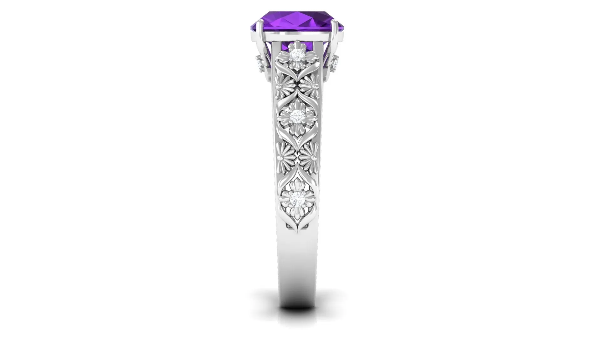 Cushion Cut Solitaire Amethyst Floral Engagement Ring with Diamond