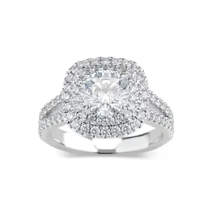 Cushion Double Halo Diamond Engagement Ring with Split Shank & Sapphire Accent Stones