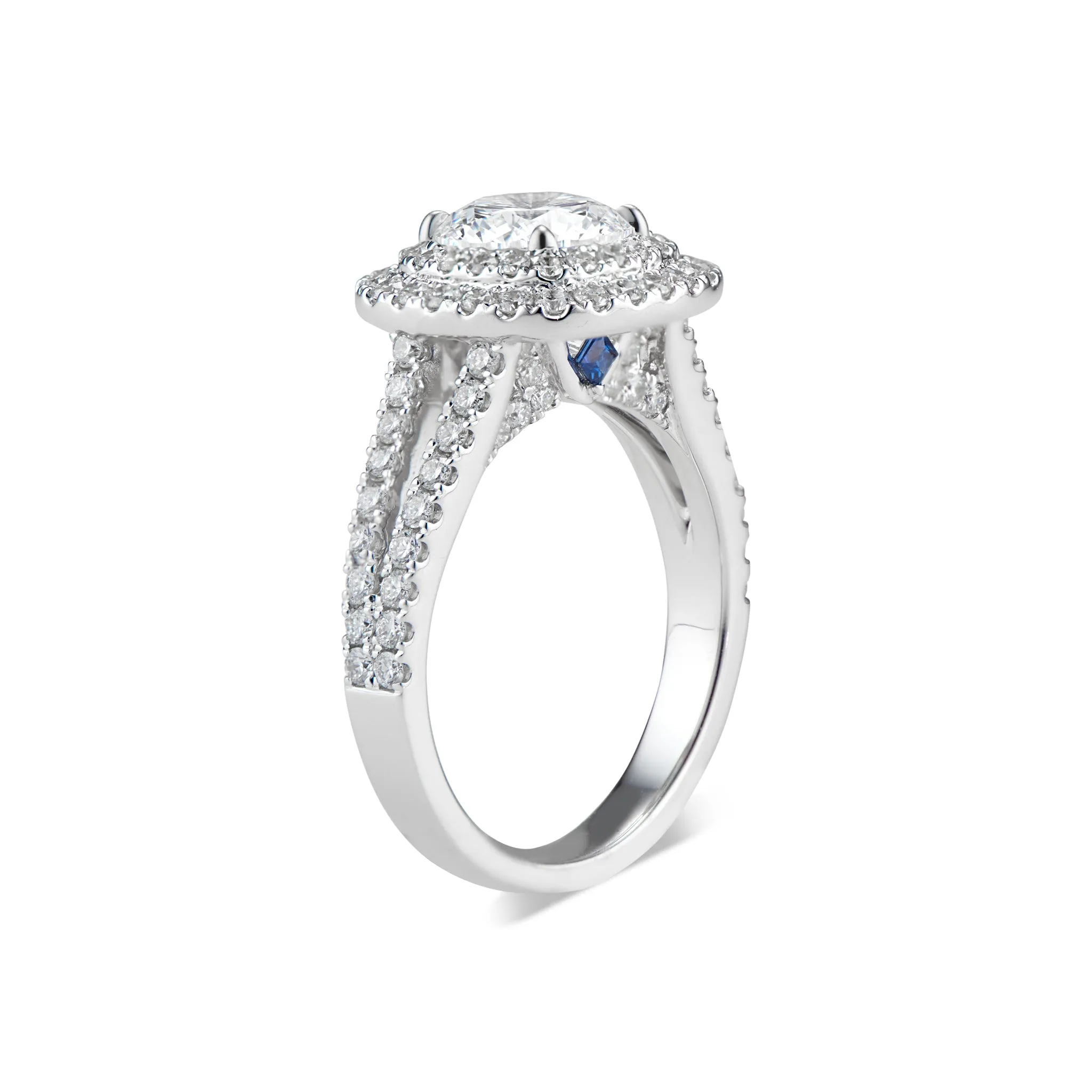 Cushion Double Halo Diamond Engagement Ring with Split Shank & Sapphire Accent Stones