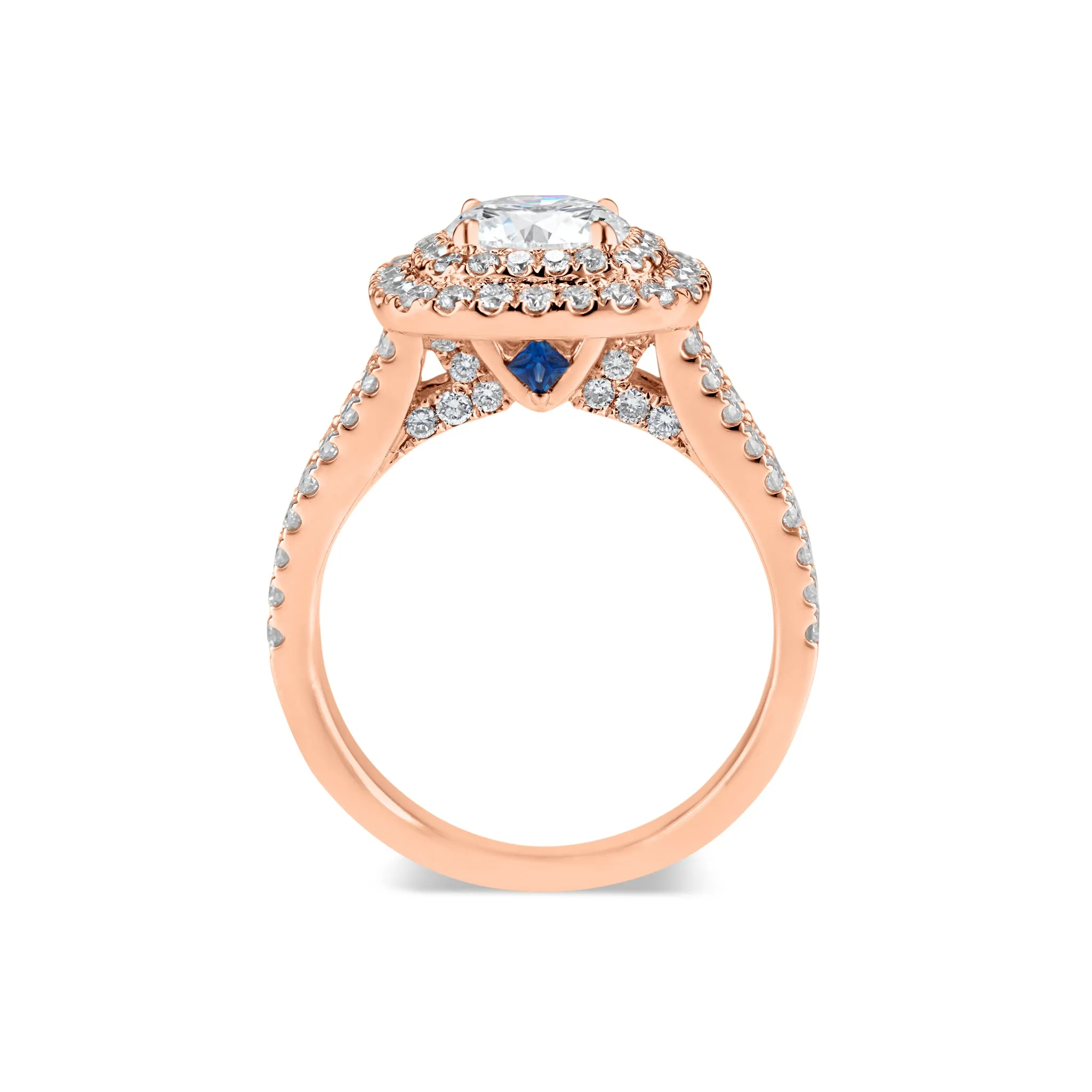 Cushion Double Halo Diamond Engagement Ring with Split Shank & Sapphire Accent Stones