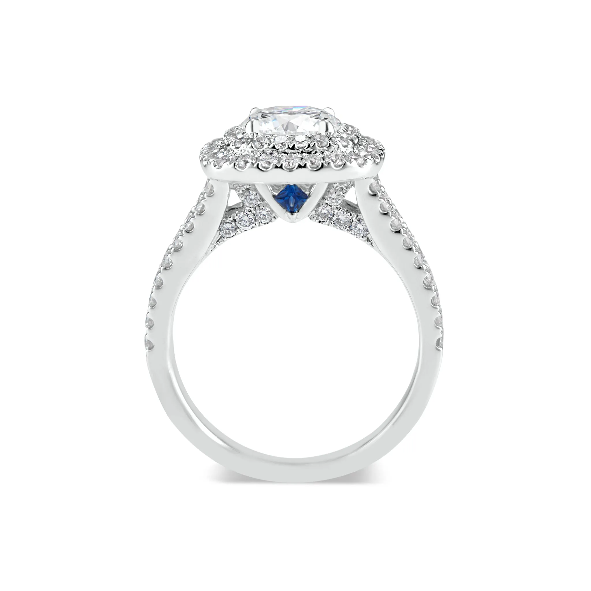 Cushion Double Halo Diamond Engagement Ring with Split Shank & Sapphire Accent Stones